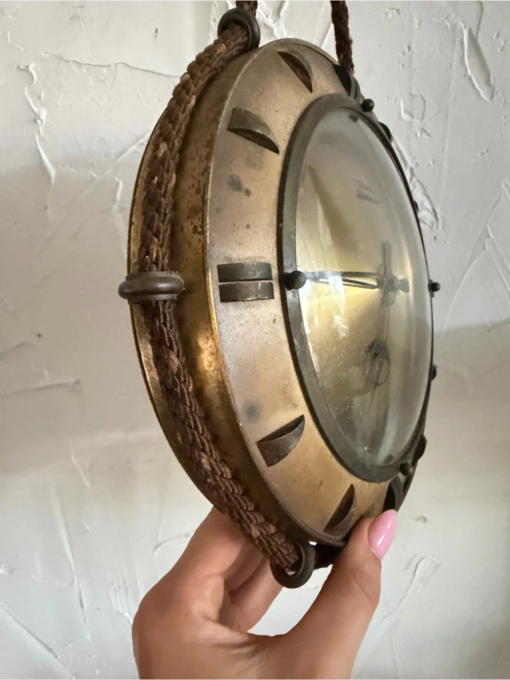 vintage mid-century Diehl brass hanging wall clock featuring a distinctive braid